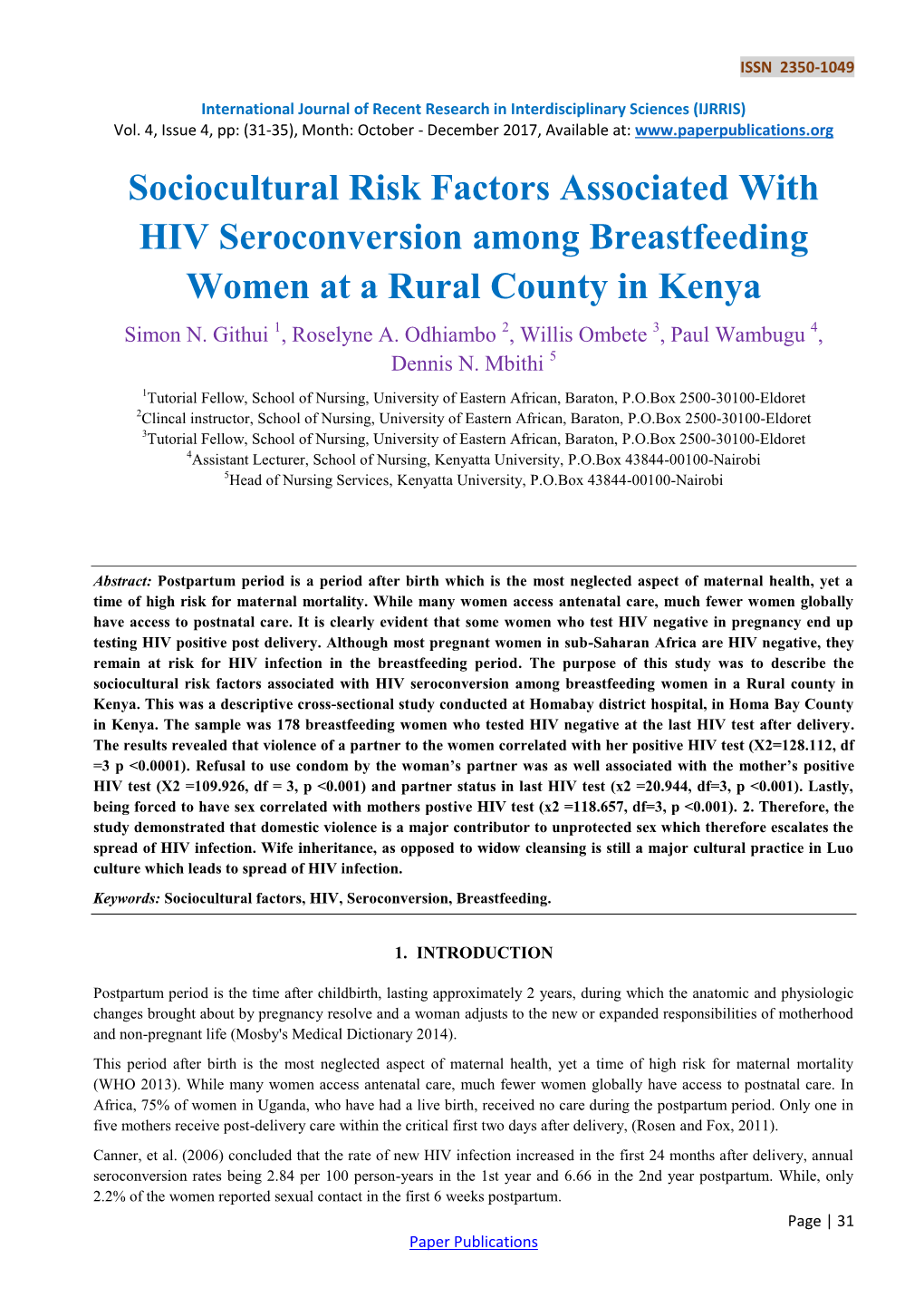 Sociocultural Risk Factors Associated with HIV Seroconversion Among Breastfeeding Women at a Rural County in Kenya Simon N