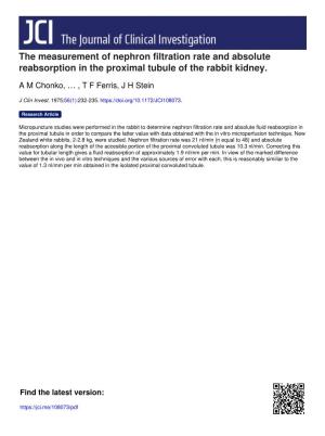 The Measurement of Nephron Filtration Rate and Absolute Reabsorption in the Proximal Tubule of the Rabbit Kidney