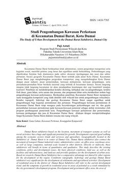 Studi Pengembangan Kawasan Perkotaan Di Kecamatan Dumai Barat, Kota Dumai the Study of Urban Development in the Dumai Barat Subdistrict, Dumai City