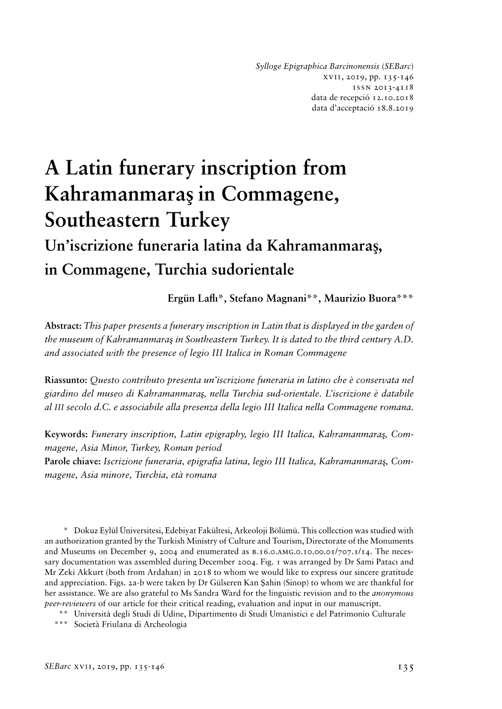 A Latin Funerary Inscription from Kahramanmaras in Commagene