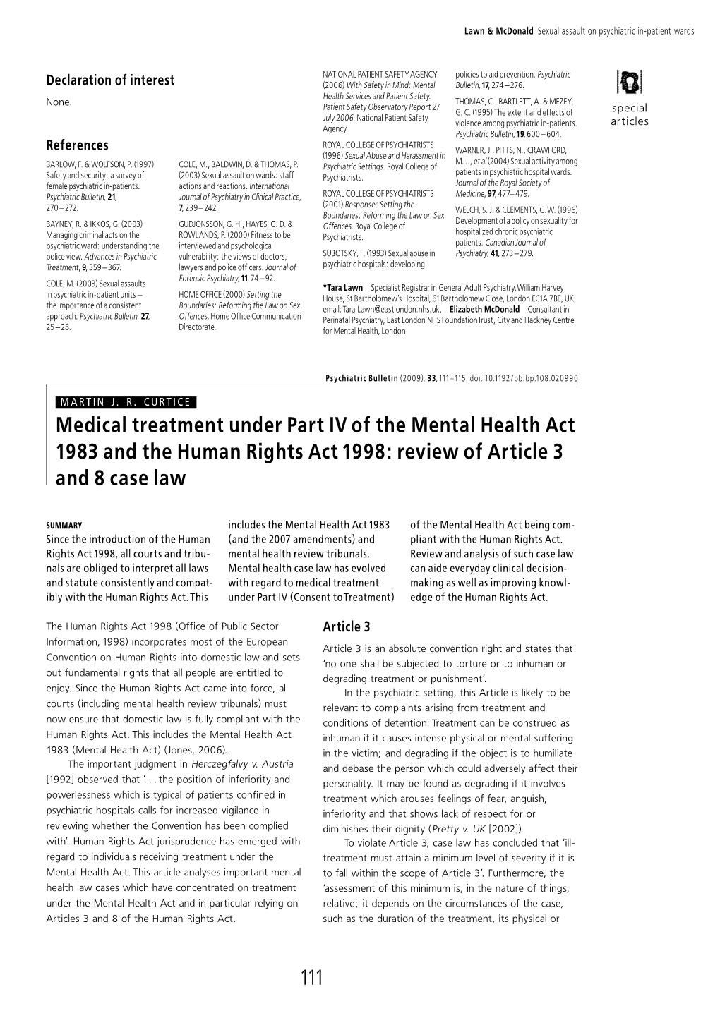 Medical Treatment Under Part IV of the Mental Health Act 1983 and the