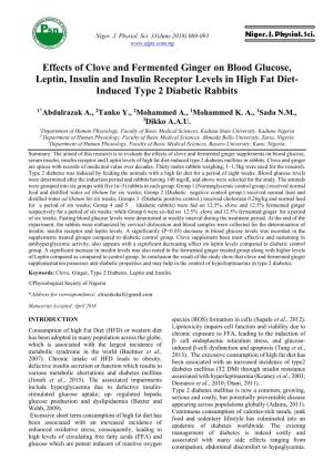Effects of Clove and Fermented Ginger on Blood Glucose, Leptin, Insulin and Insulin Receptor Levels in High Fat Diet- Induced Type 2 Diabetic Rabbits
