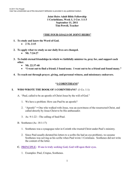 1 Joint Heirs Adult Bible Fellowship 1 Corinthians, Week 1, 1 Cor. 1:1-3