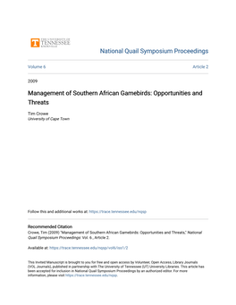 Management of Southern African Gamebirds: Opportunities and Threats