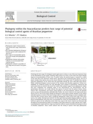 Phylogeny Within the Anacardiaceae Predicts Host Range of Potential Biological Control Agents of Brazilian Peppertree ⇑ G.S