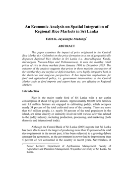 An Economic Analysis on Spatial Integration of Regional Rice Markets in Sri Lanka