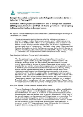 Senegal- Researched and Compiled by the Refugee Documentation Centre of Ireland on 10 February 2011
