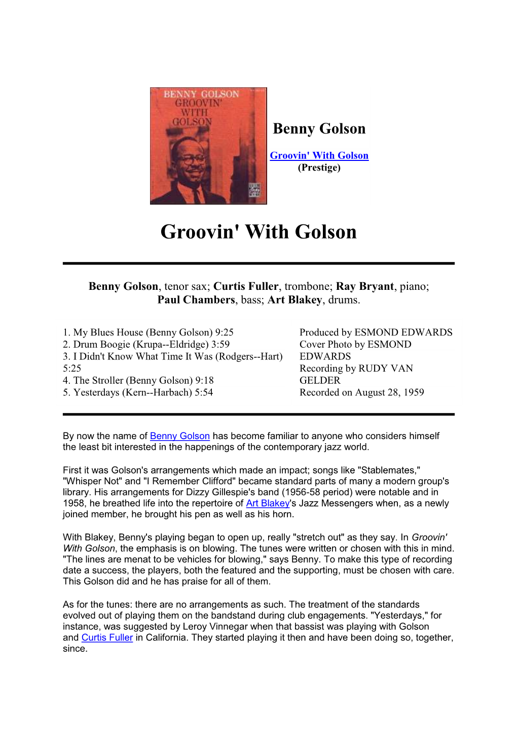 Groovin' with Golson -Notes