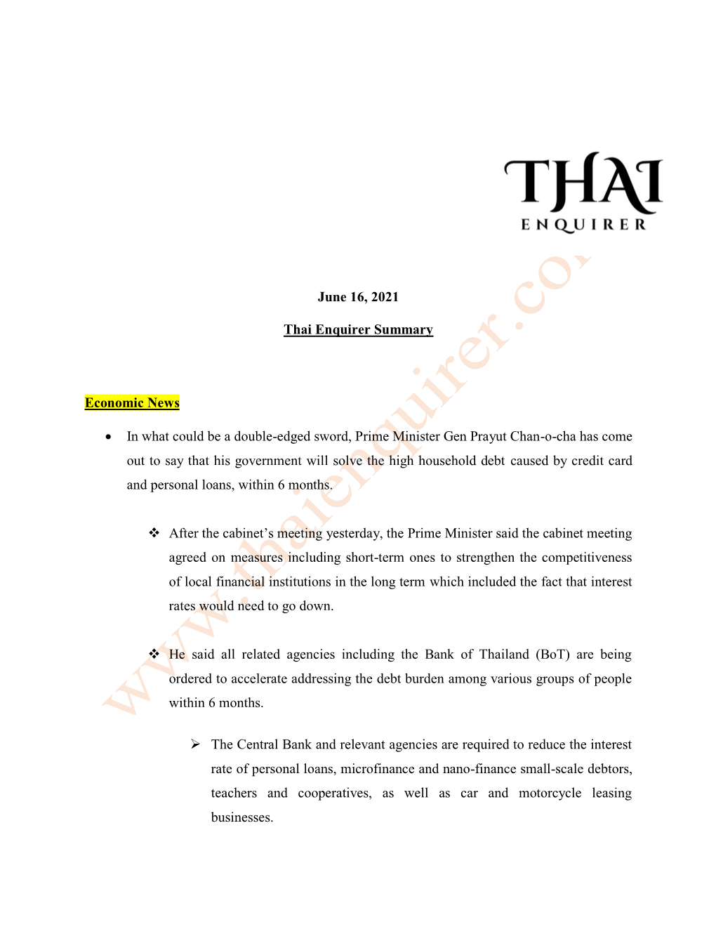 June 16, 2021 Thai Enquirer Summary Economic News • in What