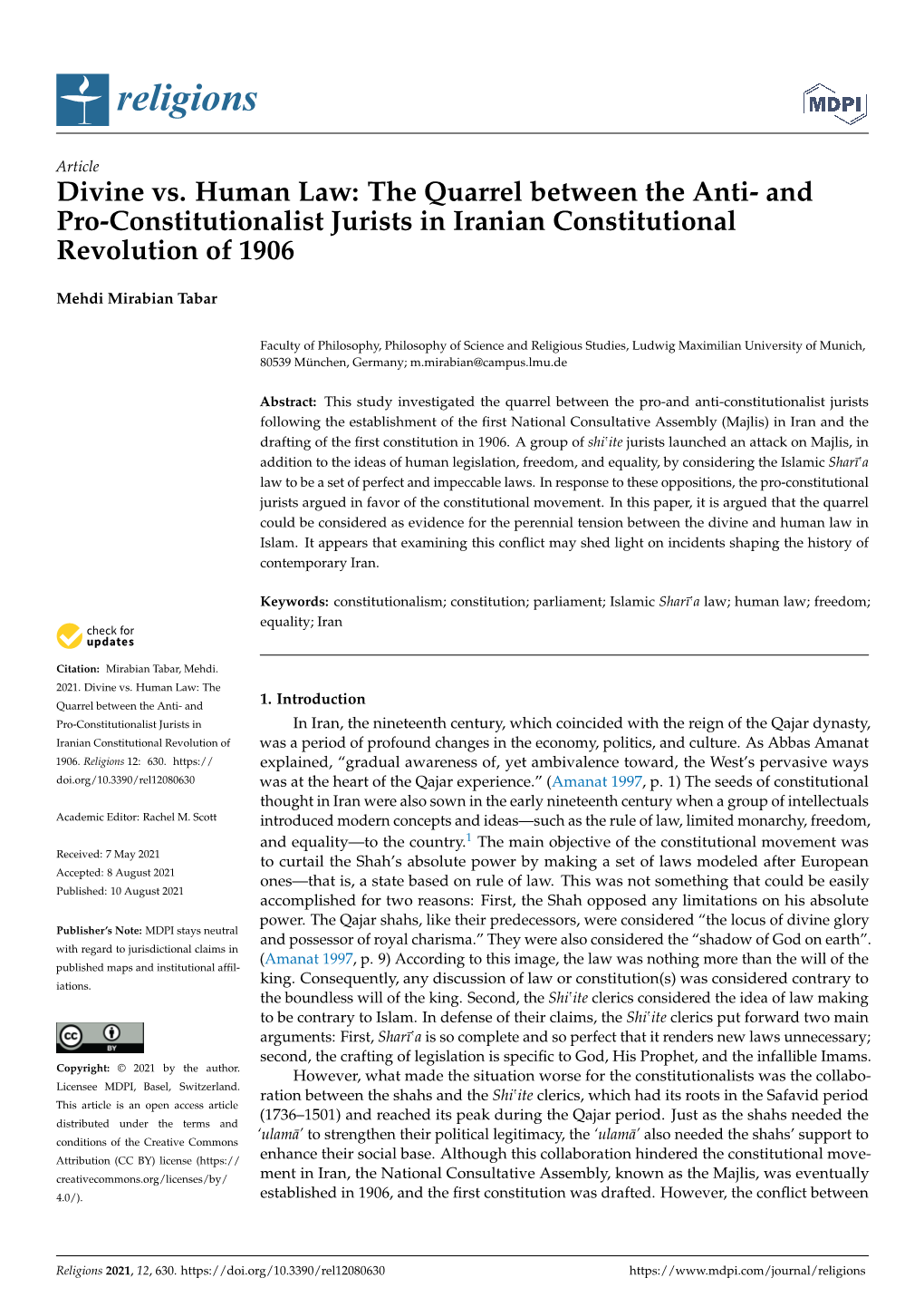 The Quarrel Between the Anti- and Pro-Constitutionalist Jurists in Iranian Constitutional Revolution of 1906
