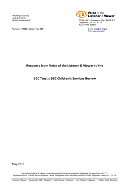 VLV Response to BBC Trust Review of Children's Services and Content