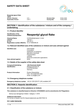 Neopentyl Glycol Flake 10470 Version / Revision 3.01 Revision Date 15-Dec-2020 Supersedes Version 3.00*** Issuing Date 15-Dec-2020 ______