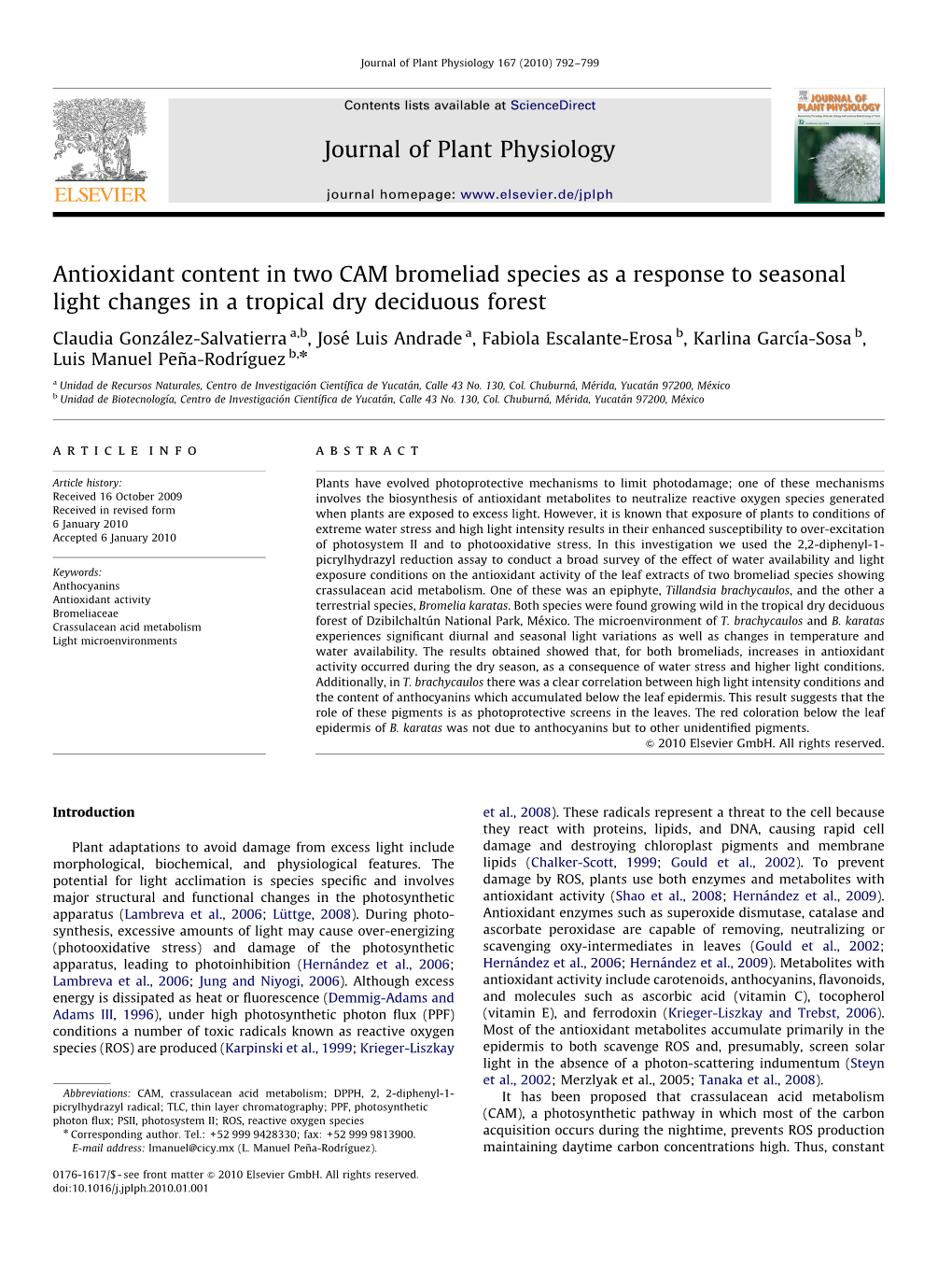 Antioxidant Content in Two CAM Bromeliad Species As a Response to Seasonal Light Changes in a Tropical Dry Deciduous Forest