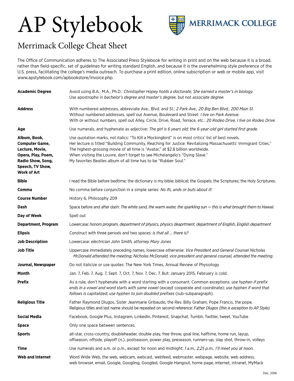 AP Stylebook Merrimack College Cheat Sheet