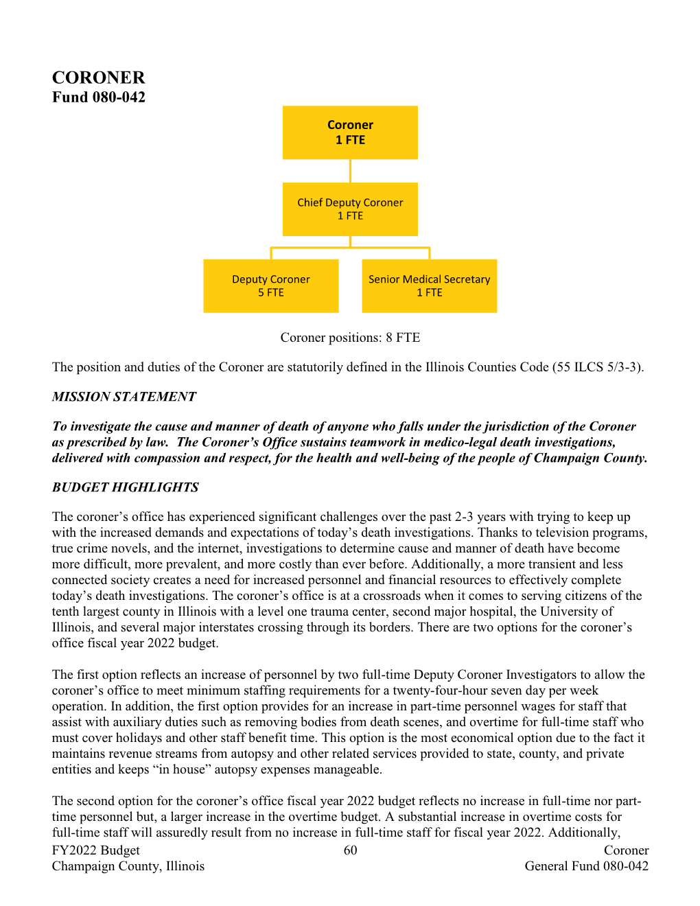 CORONER Fund 080-042 Coroner 1 FTE