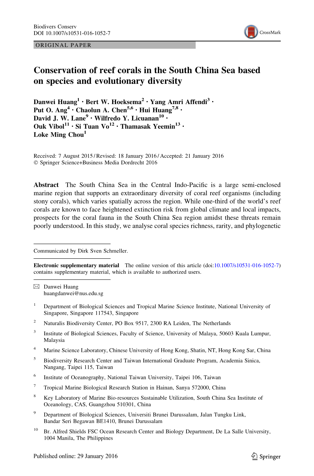 Conservation of Reef Corals in the South China Sea Based on Species and Evolutionary Diversity