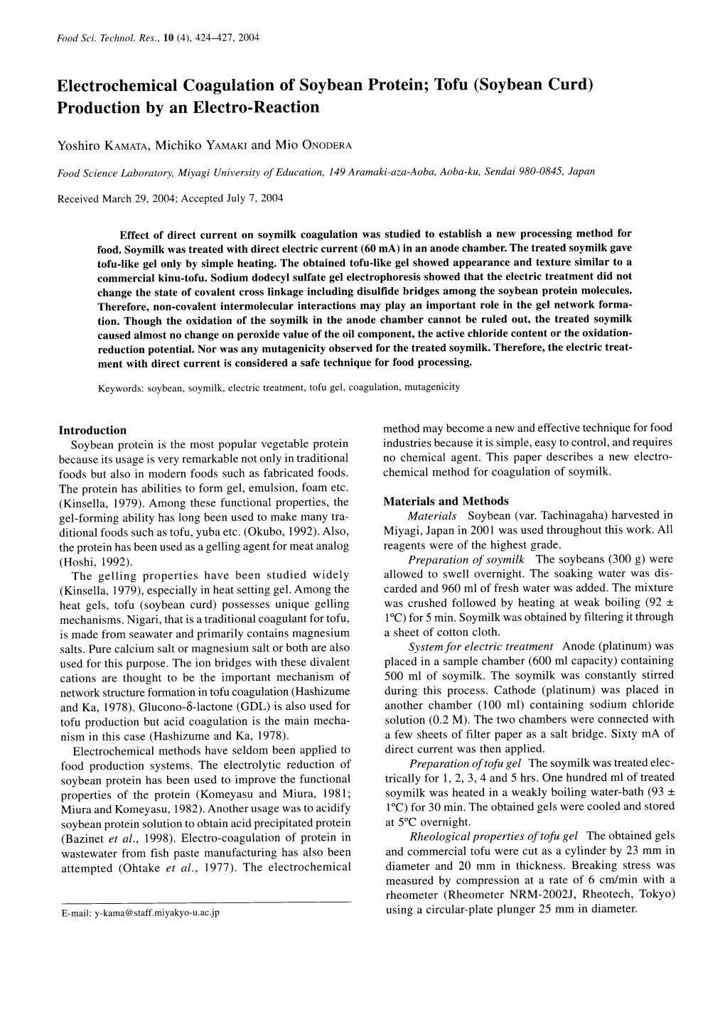 Protein; Tofu (Soybean Curd) Production by an Electro-Reaction