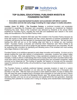 Top Global Educational Publisher Invests in Founders Factory