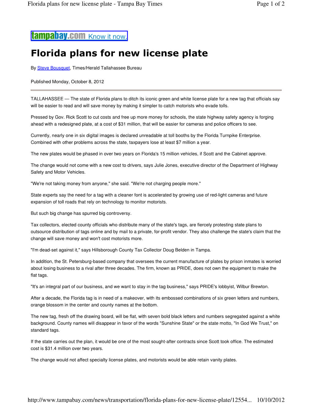 Florida Plans for New License Plate - Tampa Bay Times Page 1 of 2