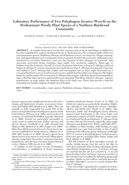 Laboratory Performance of Two Polyphagous Invasive Weevils on the Predominant Woody Plant Species of a Northern Hardwood Community