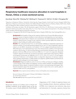 Respiratory Healthcare Resource Allocation in Rural Hospitals in Hunan, China: a Cross-Sectional Survey