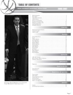 Table of Contents Rider University Basketball Media Guide 2006-2007