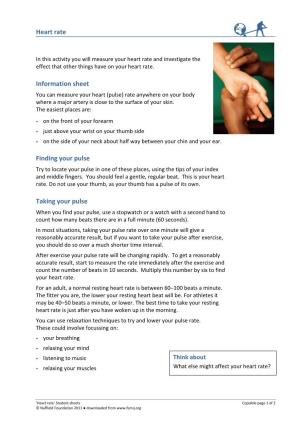 Heart Rate Information Sheet Finding Your Pulse Taking Your Pulse