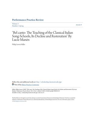 Bel Canto: the Teaching of the Classical Italian Song-Schools, Its Decline and Restoration