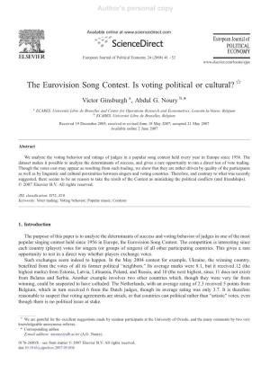 The Eurovision Song Contest. Is Voting Political Or Cultural? ☆ ⁎ Victor Ginsburgh A, Abdul G