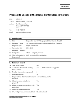 Proposal to Encode Orthographic Glottal Stops in the UCS