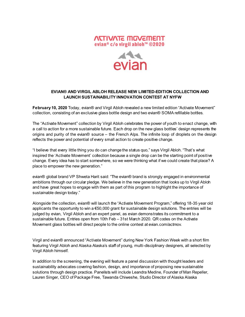 Evian® and Virgil Abloh Release New Limited-Edition Collection and Launch Sustainability Innovation Contest at Nyfw