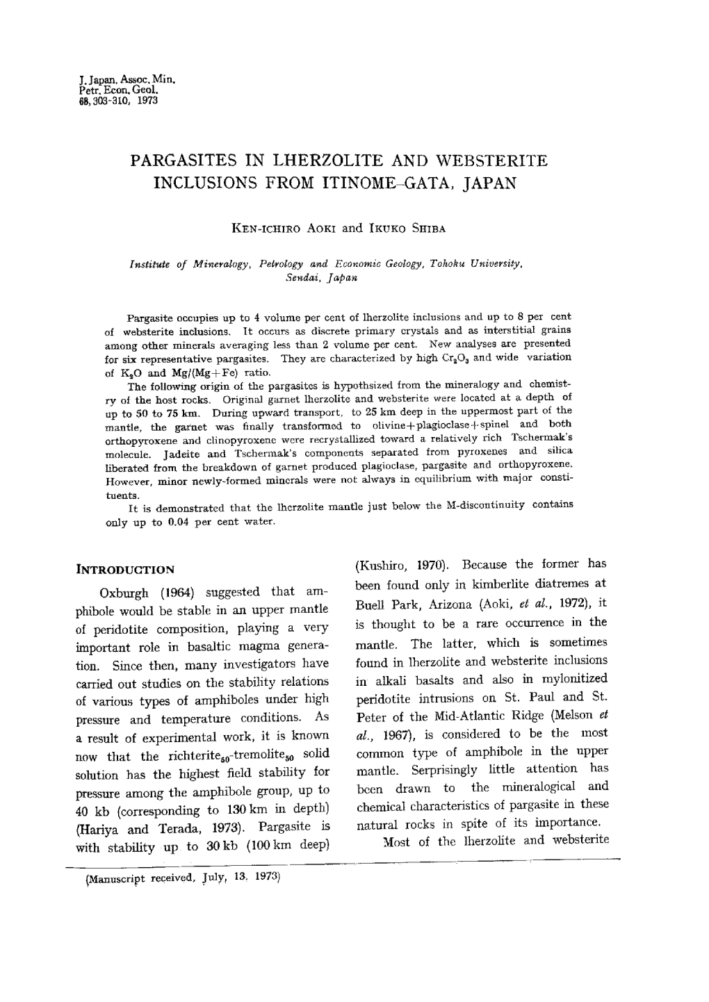 Pargasites in Lherzolite and Websterite Inclusions from Itinome-Gata, Japan