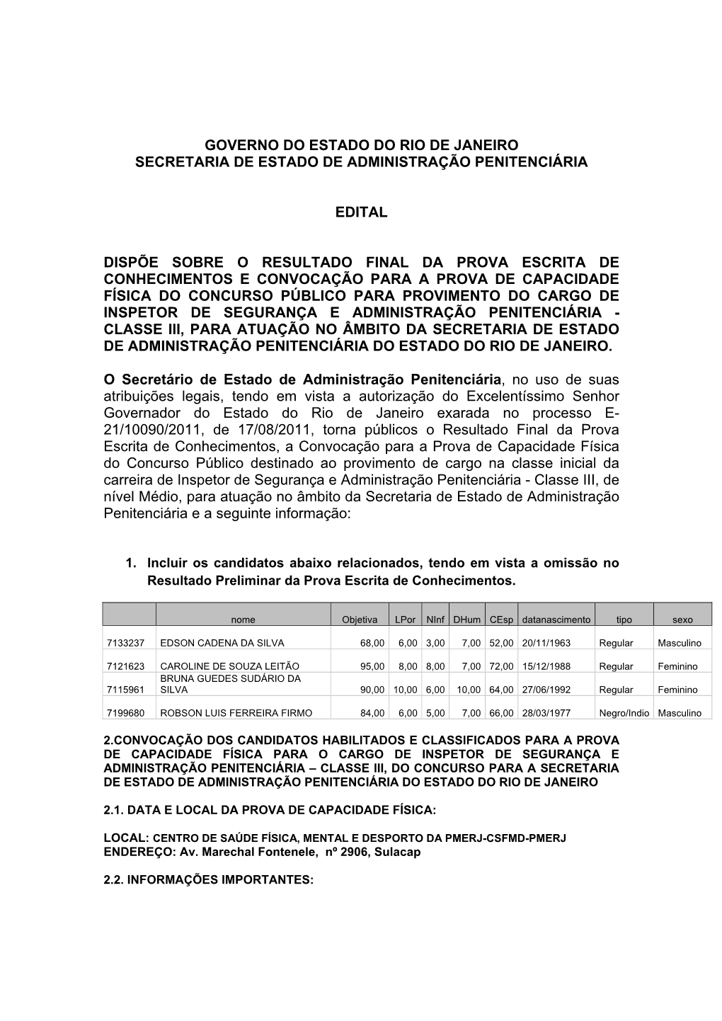 Governo Do Estado Do Rio De Janeiro Secretaria De Estado De Administração Penitenciária