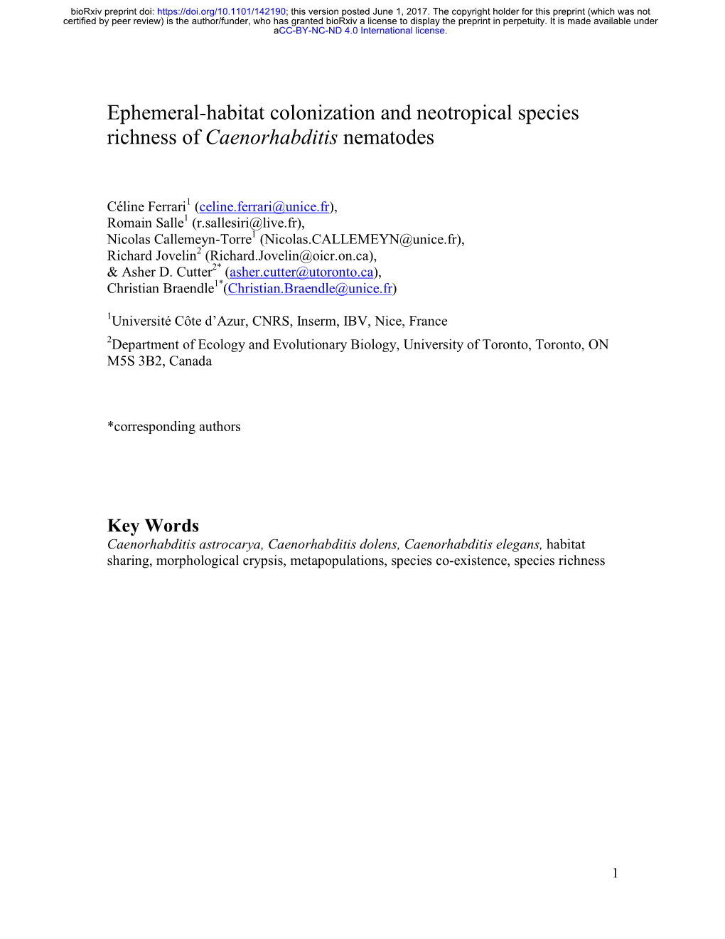 Ephemeral-Habitat Colonization and Neotropical Species Richness of Caenorhabditis Nematodes