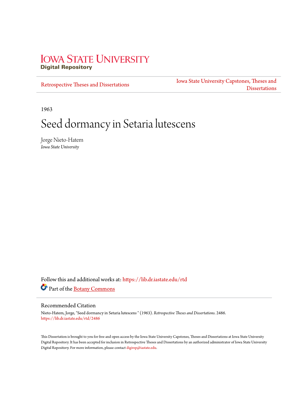 Seed Dormancy in Setaria Lutescens Jorge Nieto-Hatem Iowa State University