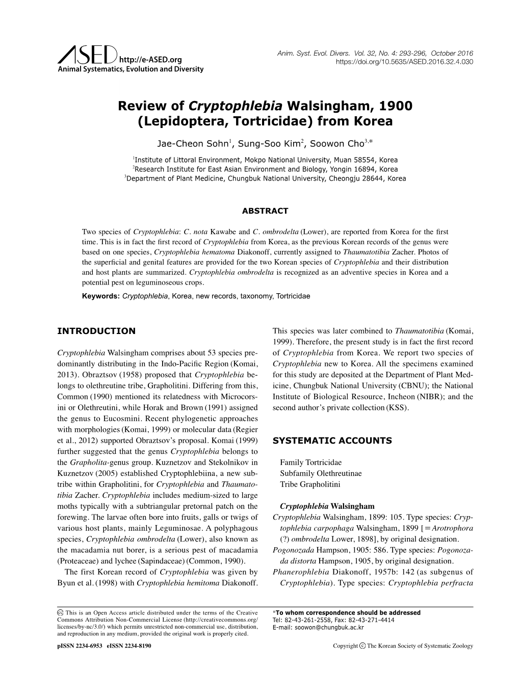Review of Cryptophlebia Walsingham, 1900 (Lepidoptera, Tortricidae) from Korea