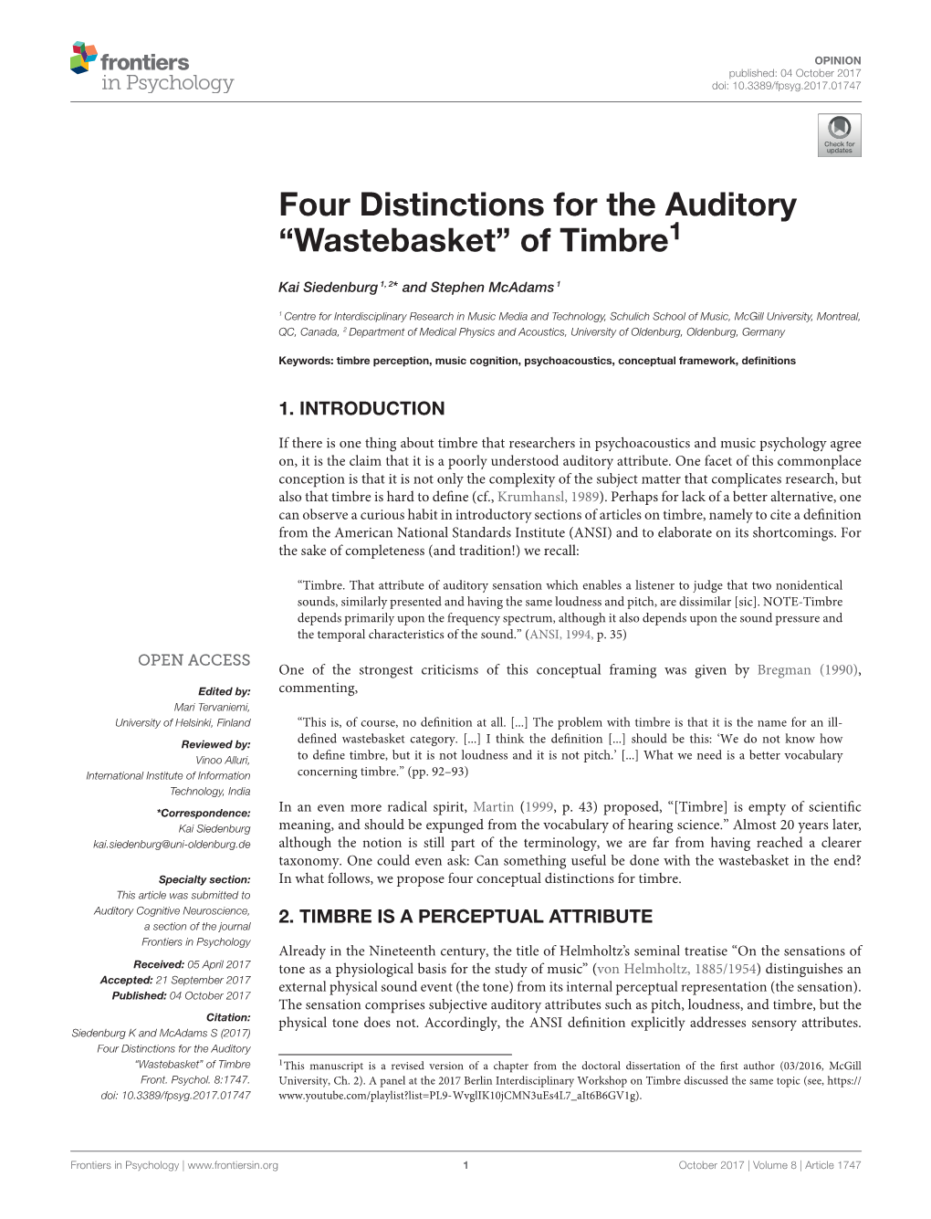 Four Distinctions for the Auditory ``Wastebasket'' of Timbre