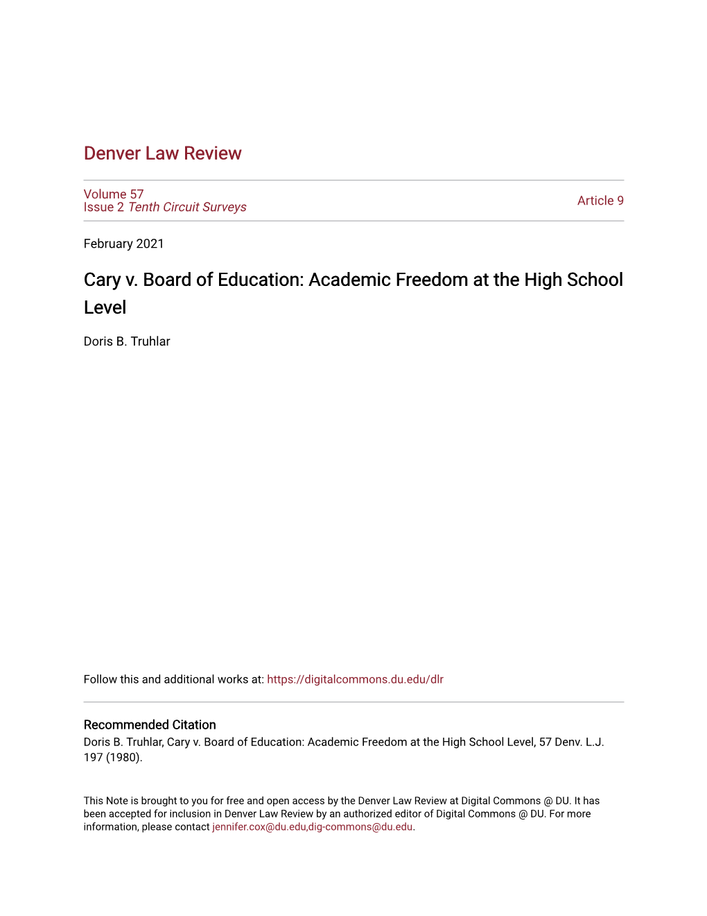 Cary V. Board of Education: Academic Freedom at the High School Level