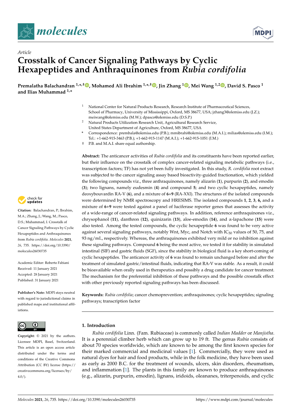 Crosstalk of Cancer Signaling Pathways by Cyclic Hexapeptides and Anthraquinones from Rubia Cordifolia