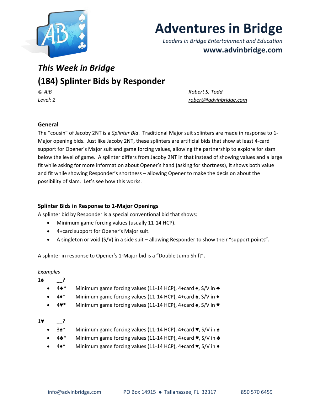 Splinter Bids by Responder © Aib Robert S