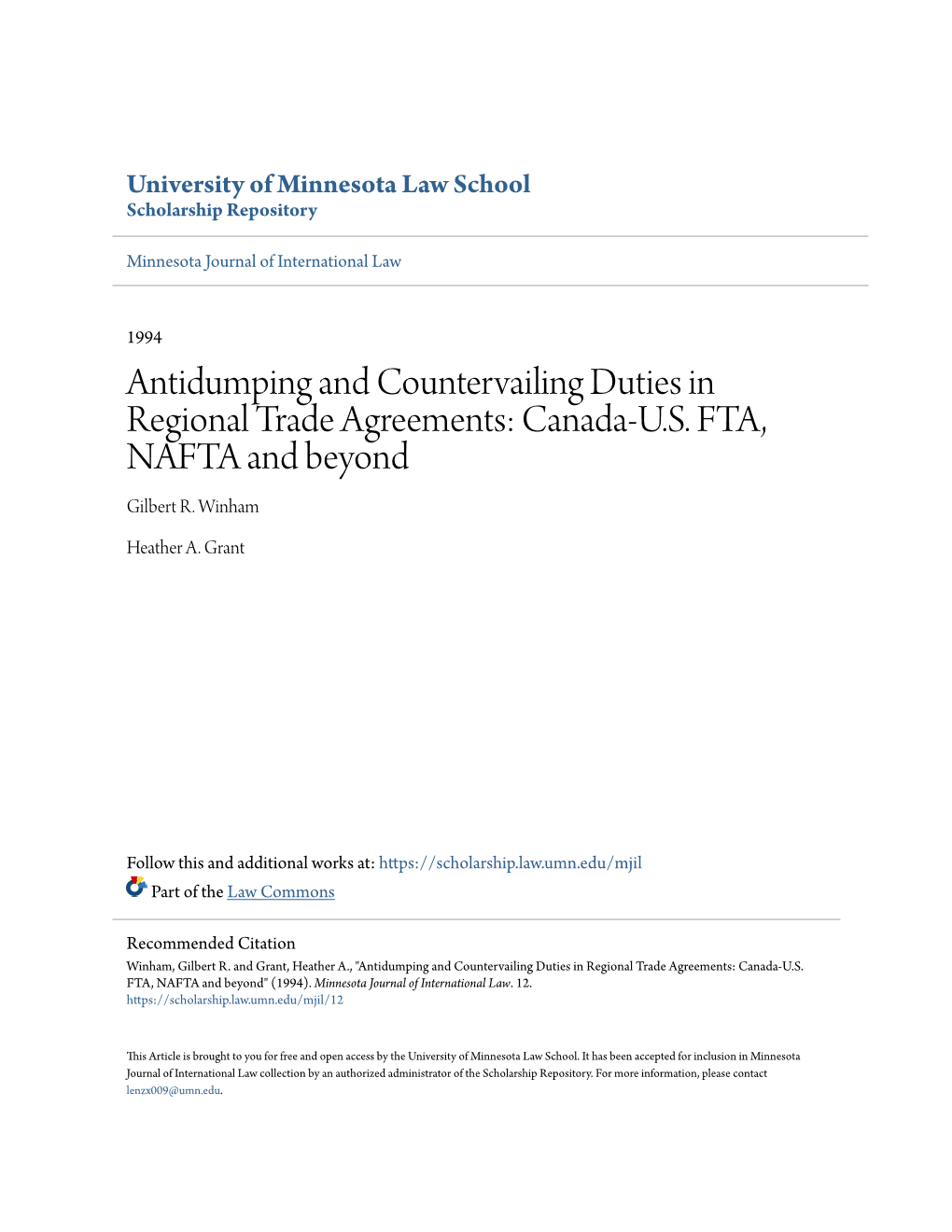 Antidumping and Countervailing Duties in Regional Trade Agreements: Canada-U.S