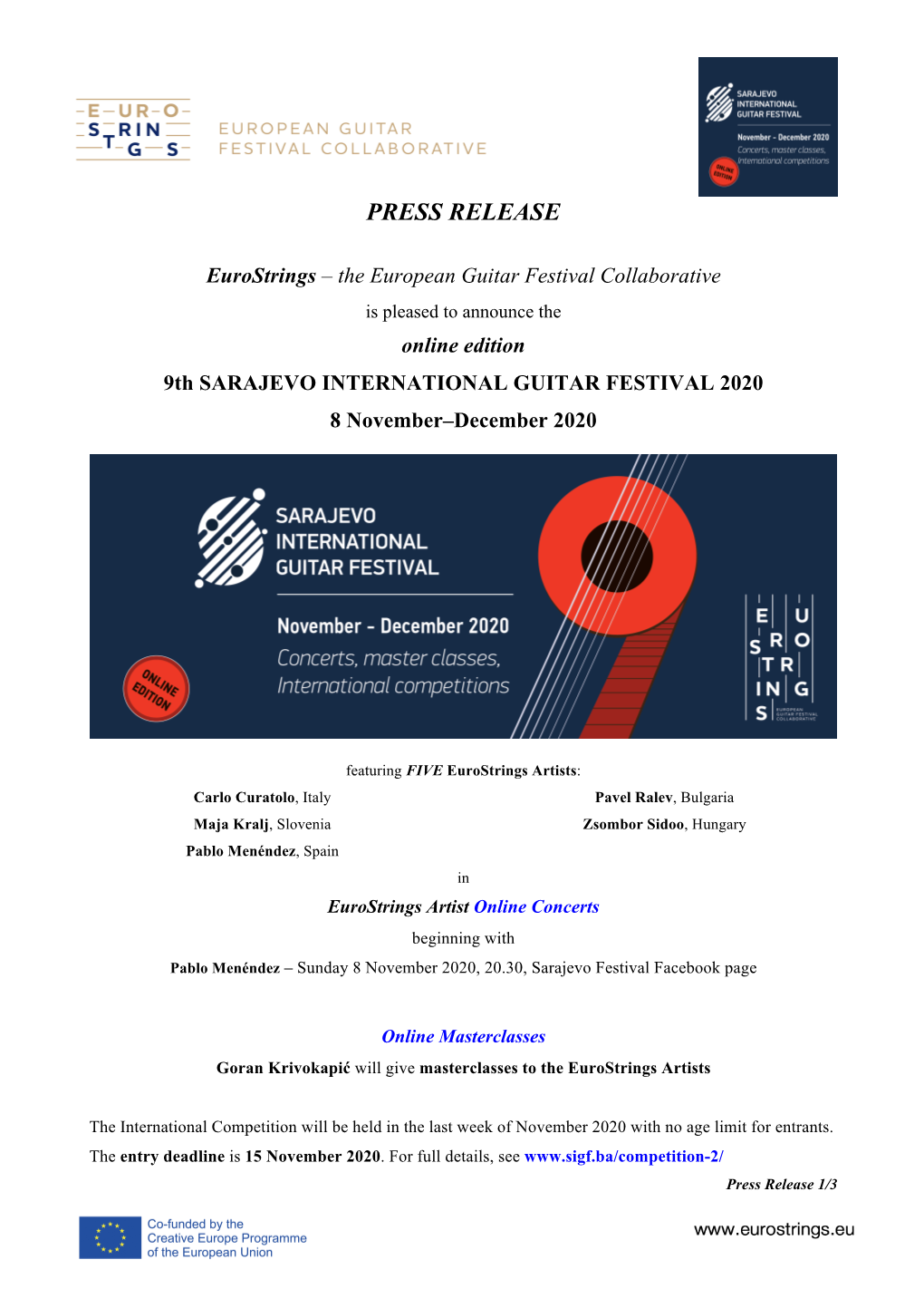 SARAJEVO INTERNATIONAL GUITAR FESTIVAL 2020 8 November–December 2020