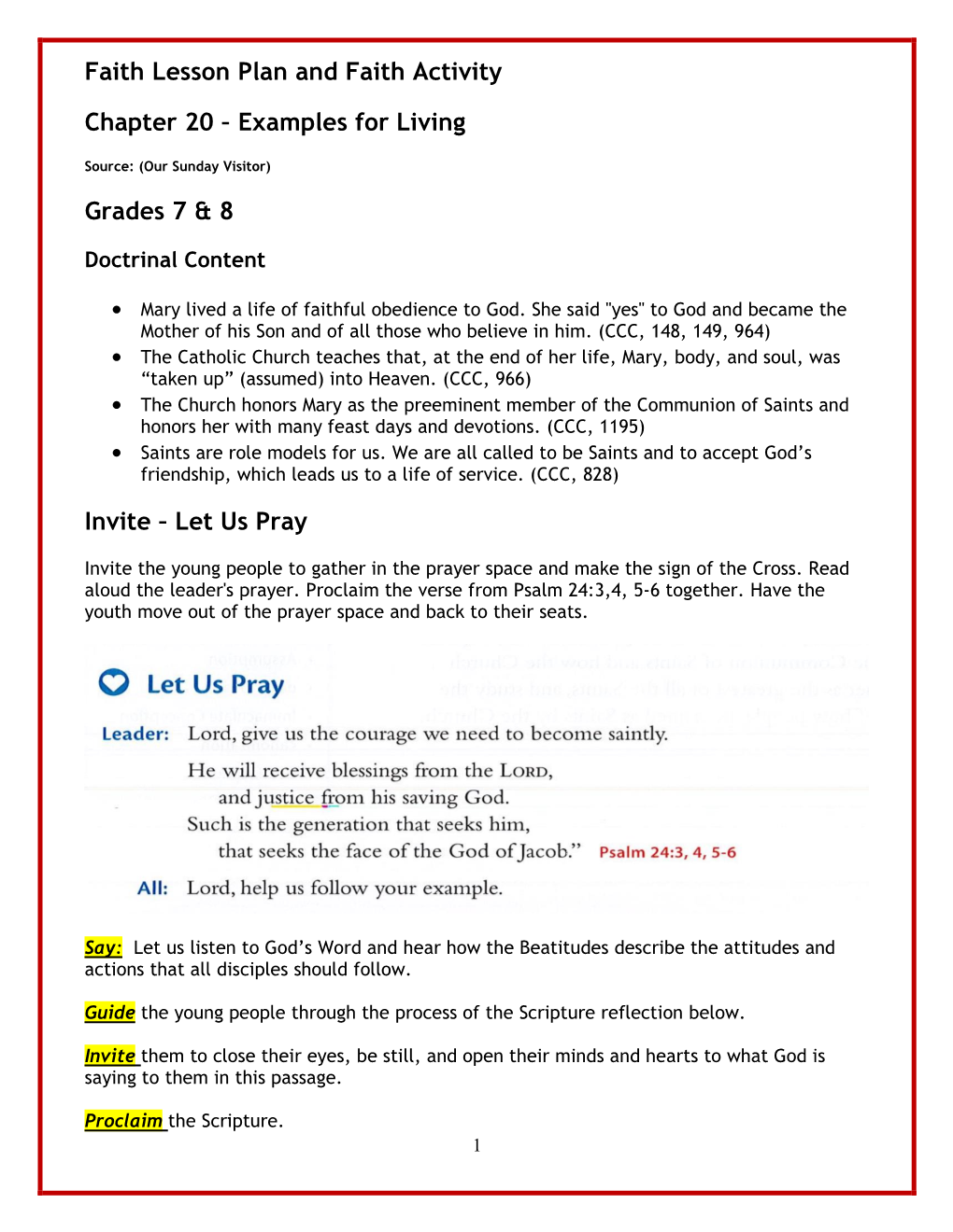 Faith Lesson Plan and Faith Activity Chapter 20 – Examples for Living