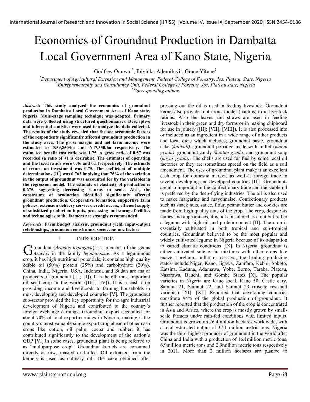 Economics of Groundnut Production in Dambatta Local Government Area of Kano State, Nigeria