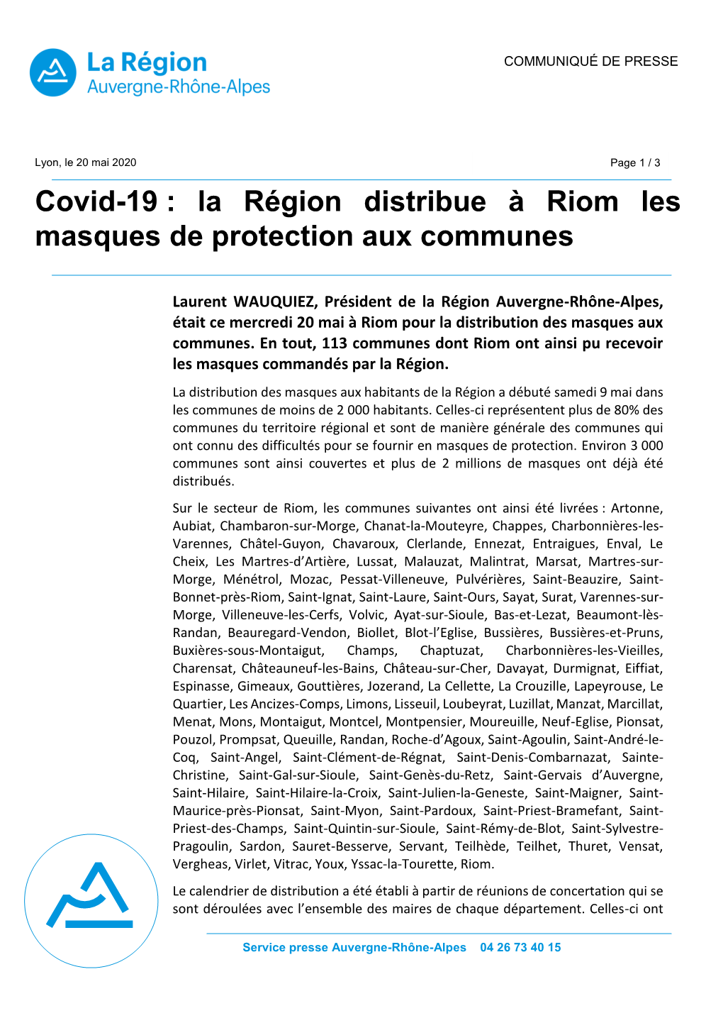 Covid-19 : La Région Distribue À Riom Les Masques De Protection Aux Communes