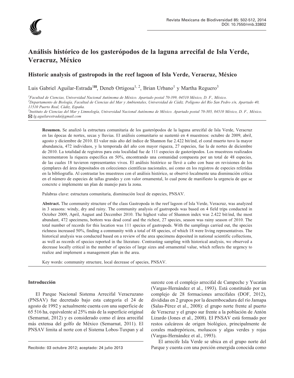 Análisis Histórico De Los Gasterópodos De La Laguna Arrecifal De Isla Verde, Veracruz, México