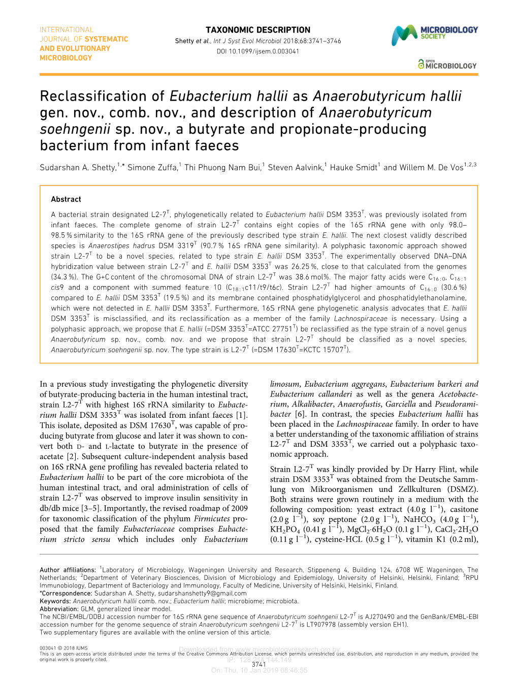 Reclassification of Eubacterium Hallii As Anaerobutyricum Hallii Gen. Nov., Comb