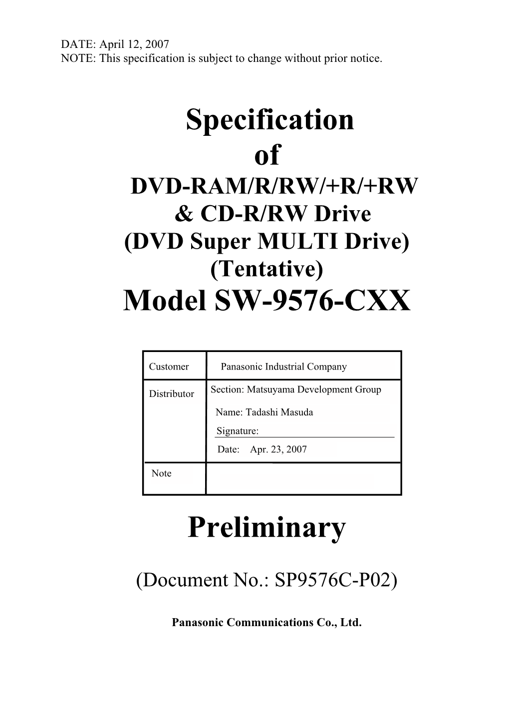 Specification of Model SW-9576-CXX Preliminary