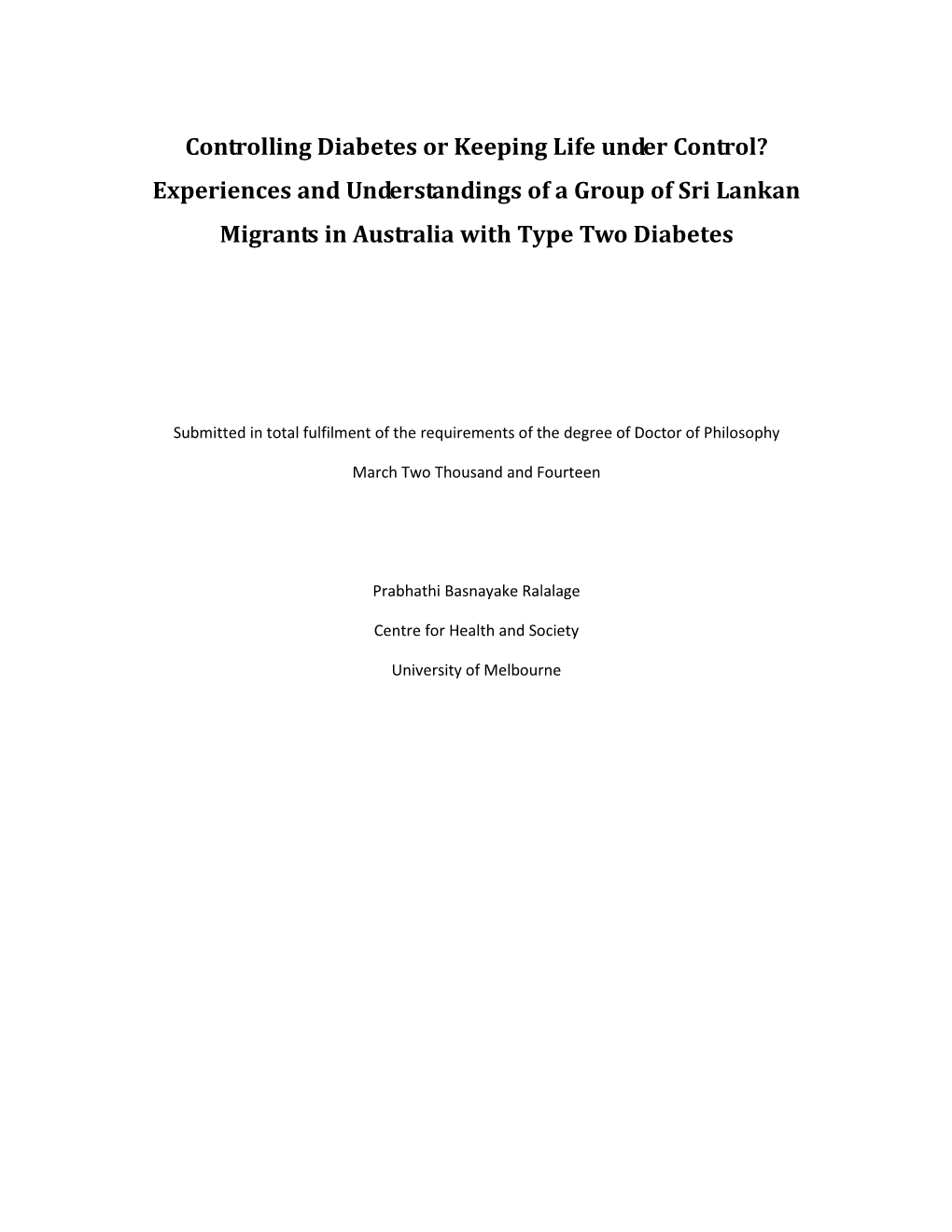 Experiences and Understandings of a Group of Sri Lankan Migrants in Australia with Type Two Diabetes