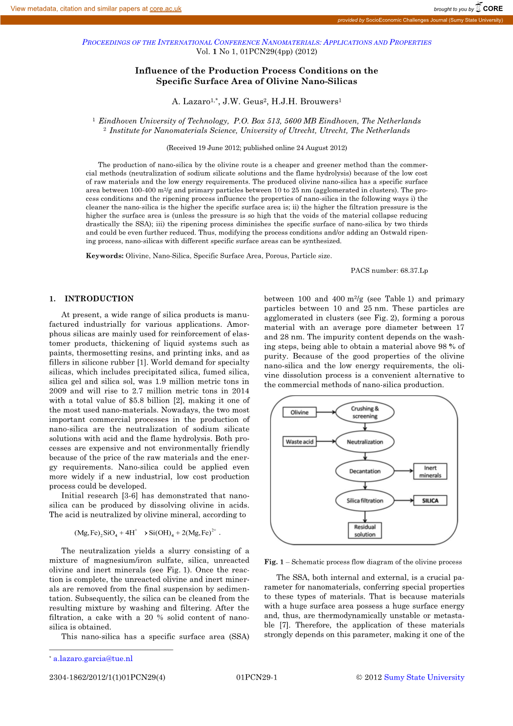 Influence of the Production Process Conditions on the Specific Surface Area of Olivine Nano-Silicas